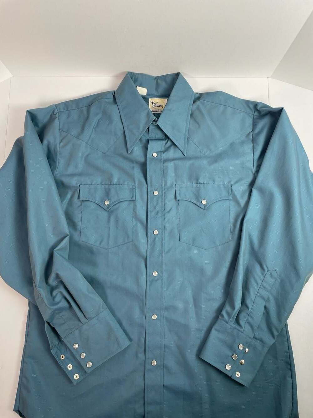 Vintage Texson Blue Pearl Snap Western Shirt Extra Long Tail Size 16-35